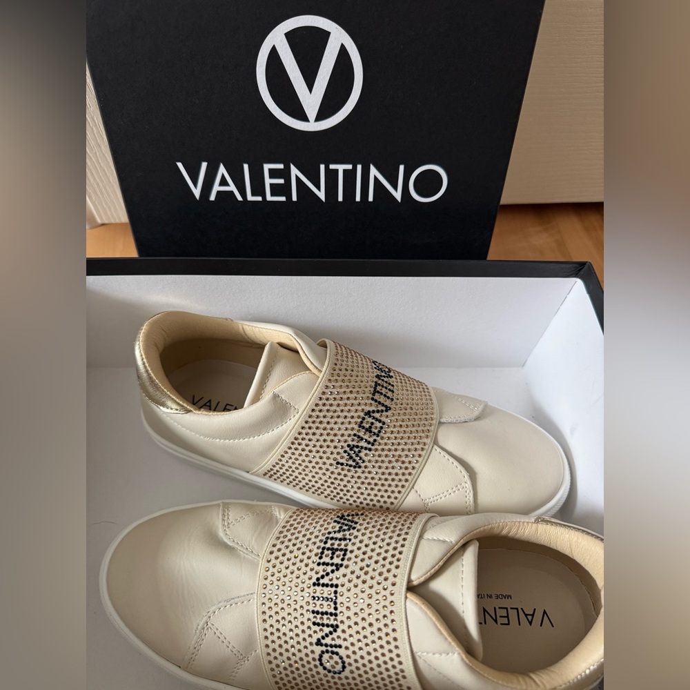 Valentino Cream & Gold Leather Slip-On Sneakers with Embellished Strap